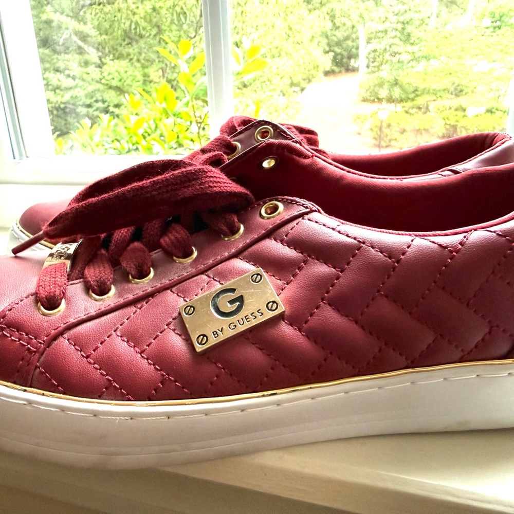 GUESS Red Quilted Sneakers with Gold Logo Plate. Twice worn. - Picture 2 of 5